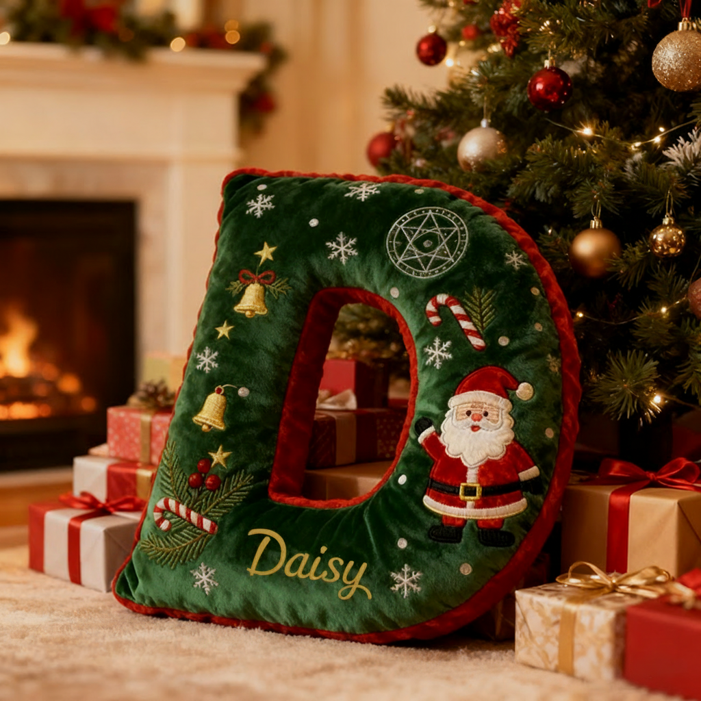 Personalized Letter Christmas Pillow with Name Festive Green and Red Design Custom Name Graphic 3D Print Pillow Christmas Gift