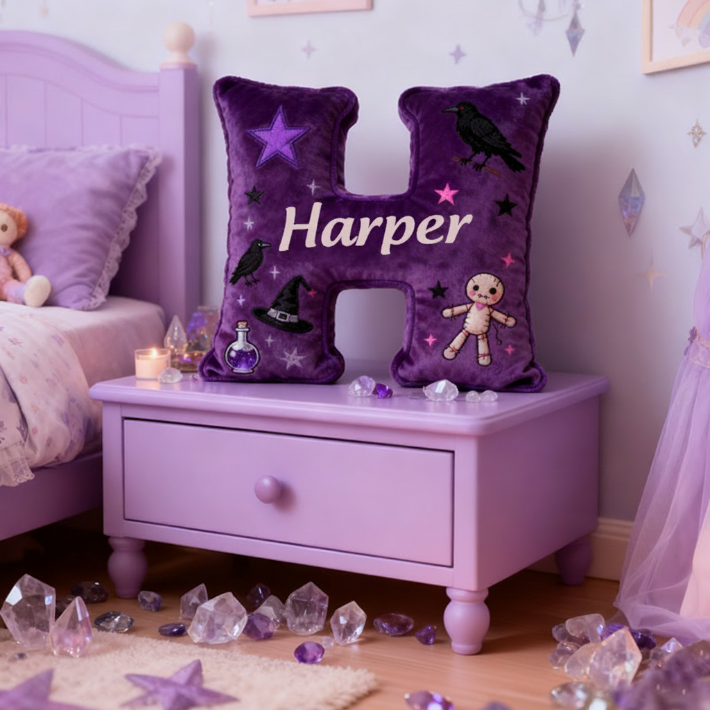 Personalized Purple Letter Pillow with Name Purple Witchy Theme and Mystical Design Graphic 3D Print Pillow