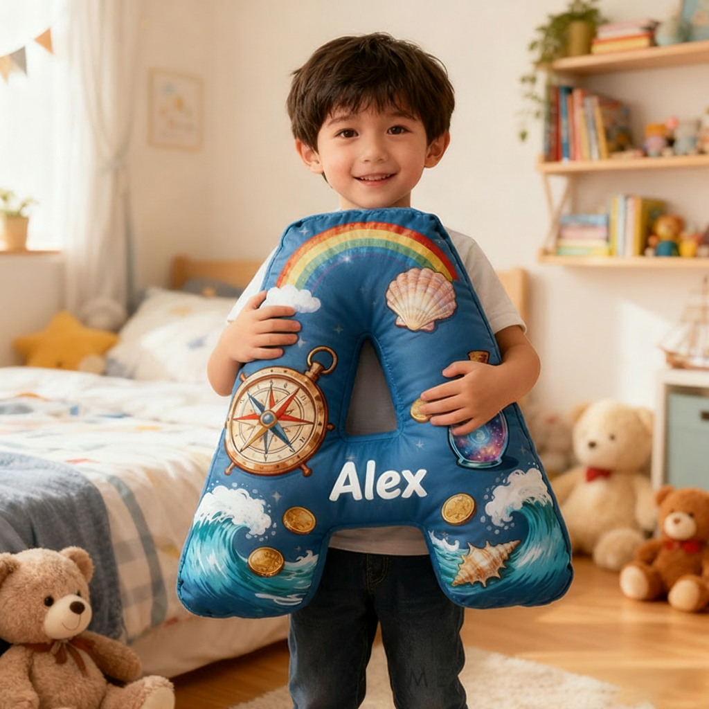 Personalized Nautical Adventure Pillow with Compass Waves Rainbow Shells Gold Coins and Magic Bottle Design Graphic 3D Print Pillow