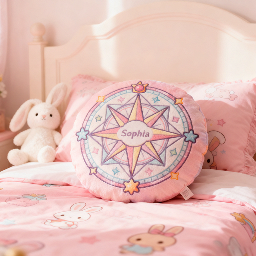 Personalized Round Pink Christmas gift Pillow with Star Compass Pastel Colors Magical Design and Cute Decorative Elements Graphic 3D Print Pillow
