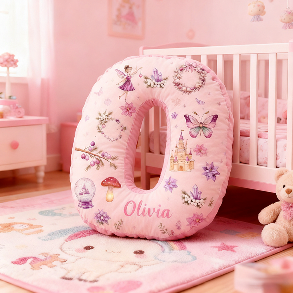 Personalized 26 Letters Pillow with Castles Butterflies Flowers Snow Globes Lanterns and Whimsical Pastel Fairy Tale Design Graphic 3D Print Pillow