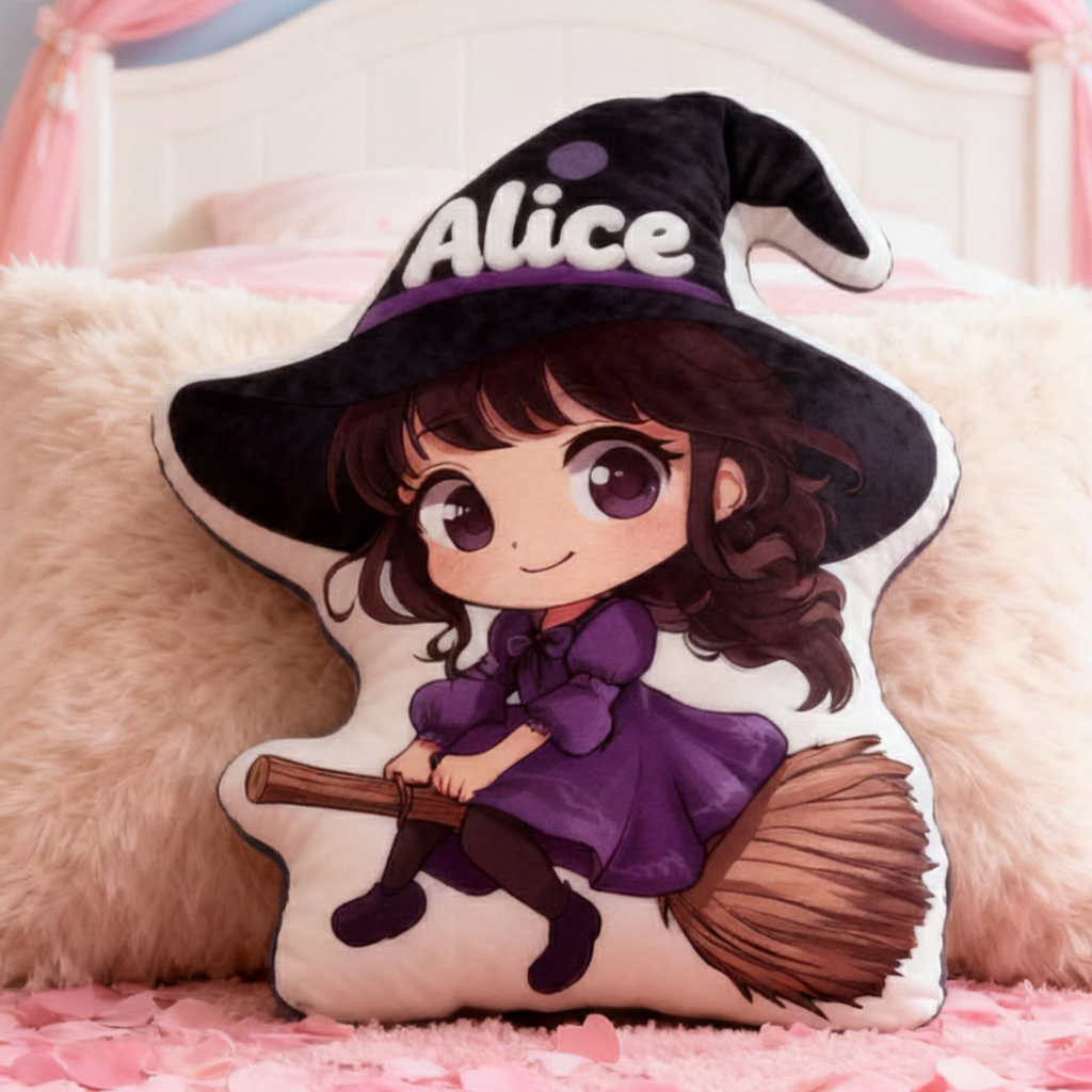Personalized Graphic 3D Print Magic Witch Pillow with Your Name Soft Stuffed Toy for Kids Unique Decorative Cushion for Girls' Room