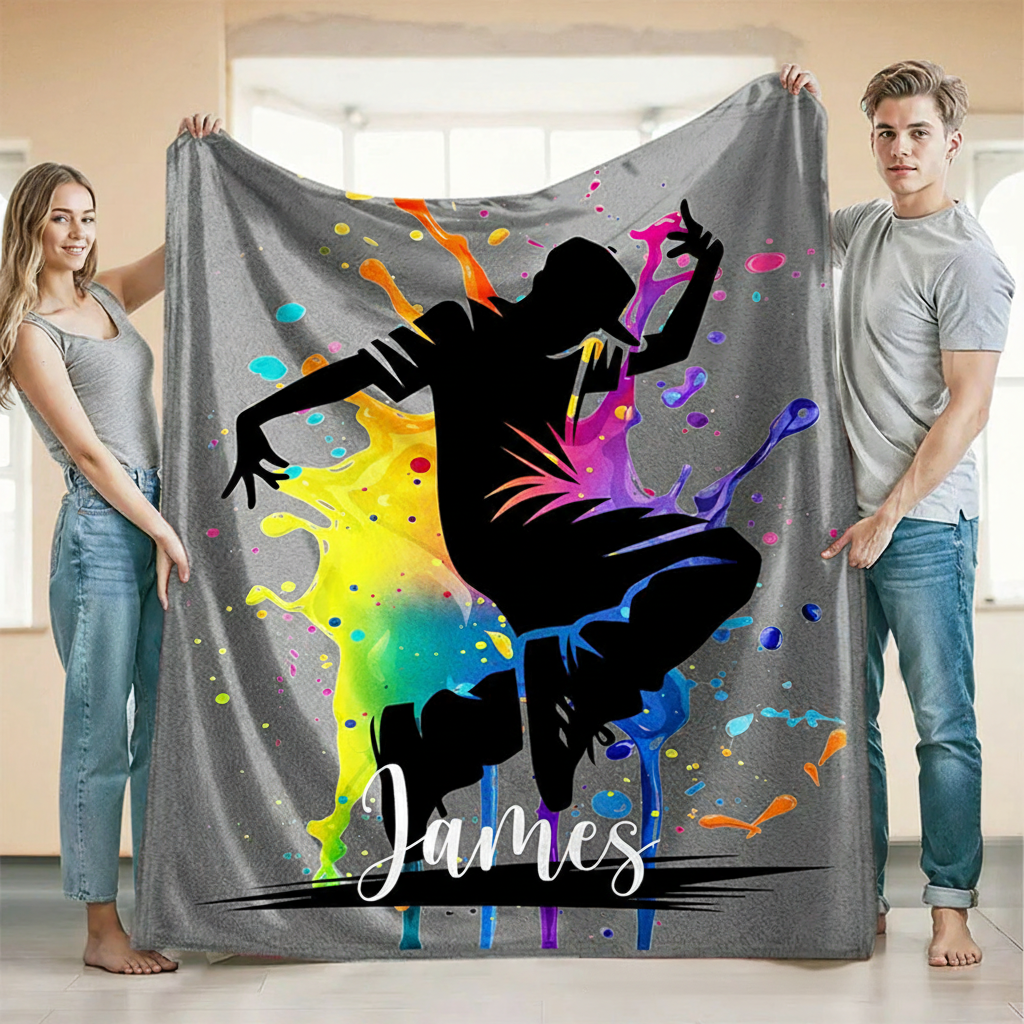 Personalized Colorful Splash Ink Hip Hop Boy Girl Blanket Flannel Blanket Dance Lover Blanket with Name