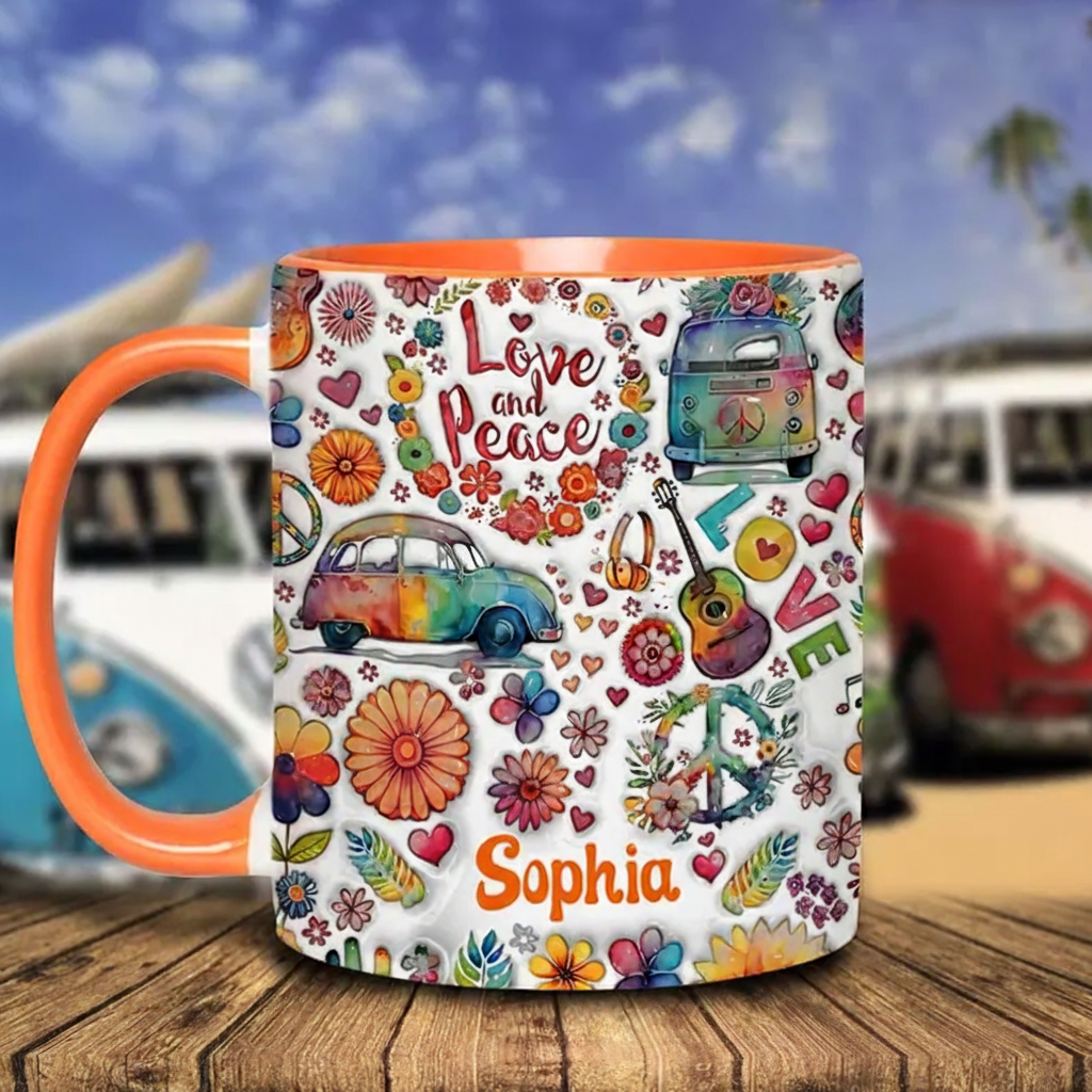 Personalized Hippie Accent Mug Love and Peace Accent Mug Flower Van Guitar Peace Sign Coffee Mug Ceramic Mug Custom Mug