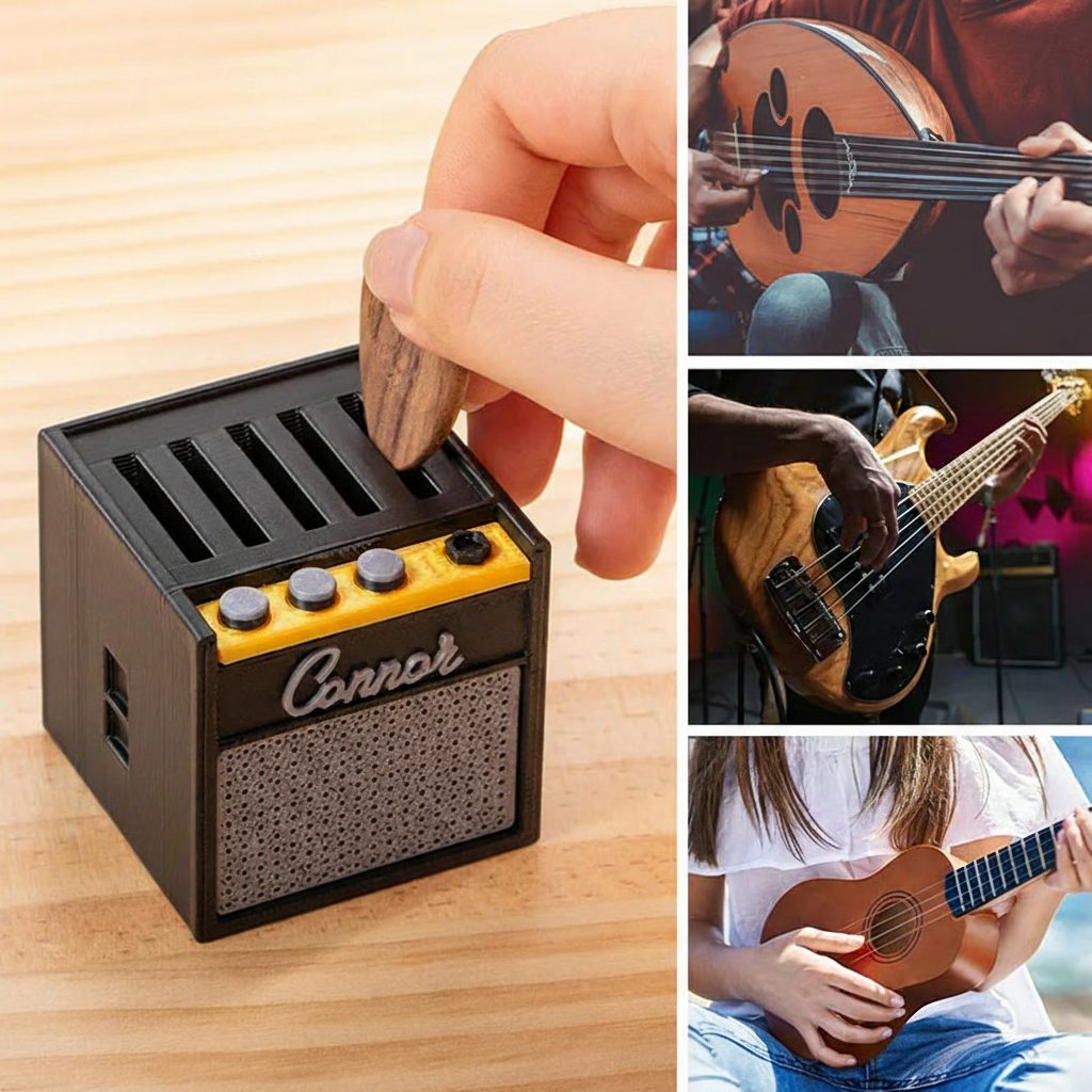 Personalized 3D Printing Retro Guitar Amp Shape Guitar Picks Holder Plectrum Storage Box with Name Birthday Gift for Musician Guitar Player