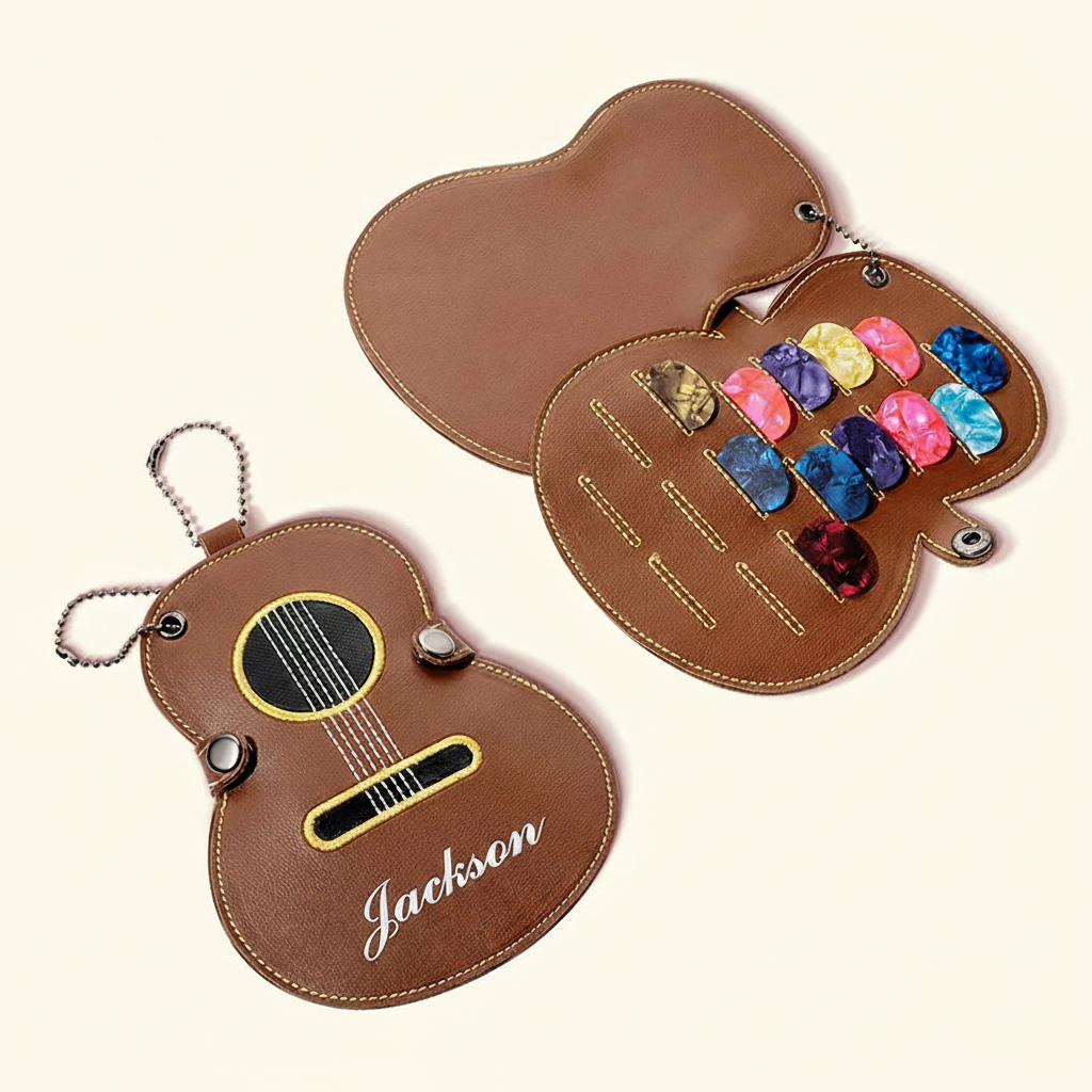 Personalized Guitar Shaped Portable PU Leather Guitar Picks Storage Case with Name and Key Ring Birthday Music Festival Gift for Guitar Player