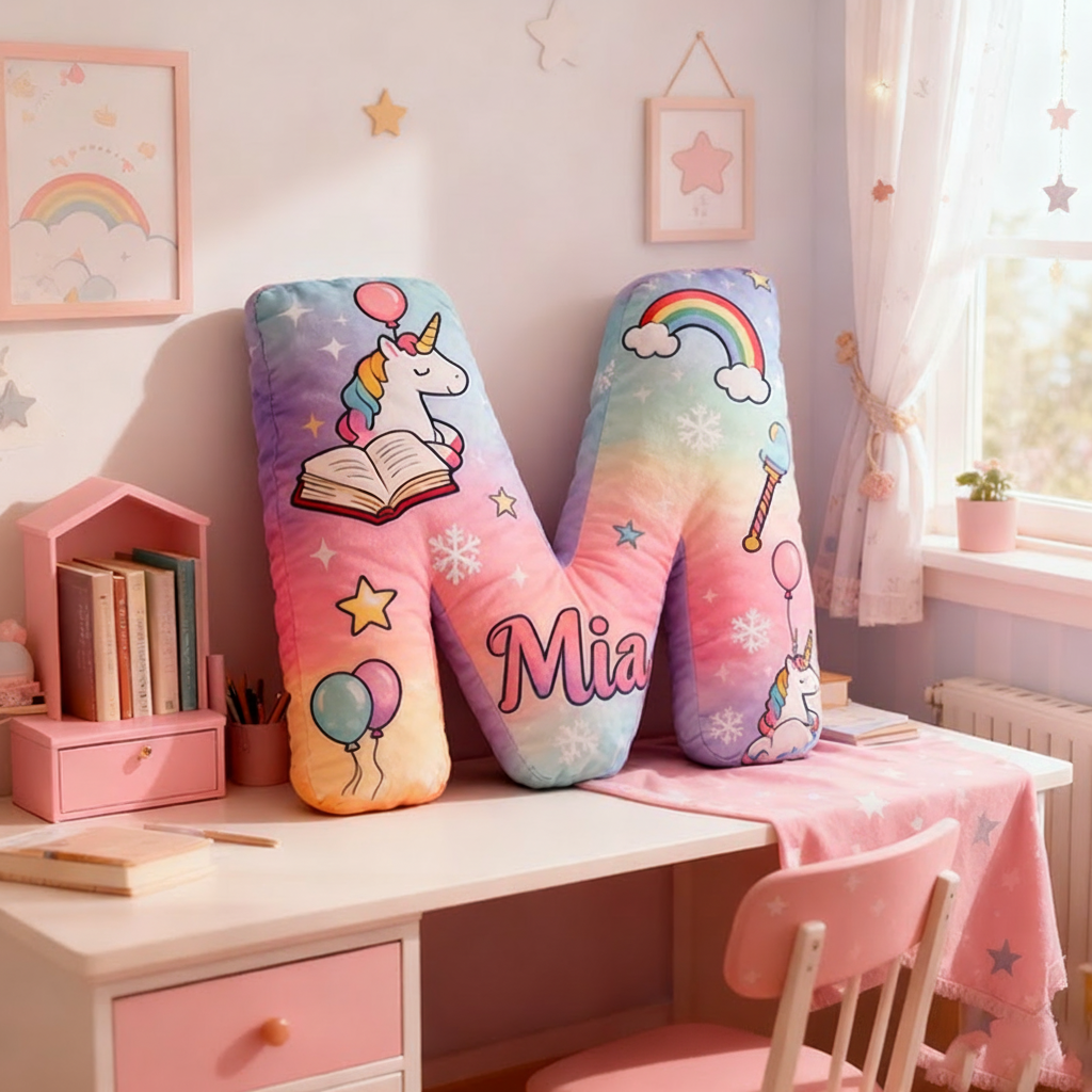 Personalized Gradient Letter Pillow with Magic Horse Stars Moon Balloons and Whimsical Fairytale Magic Inspired Graphic 3D Print Pillow Christmas Gift