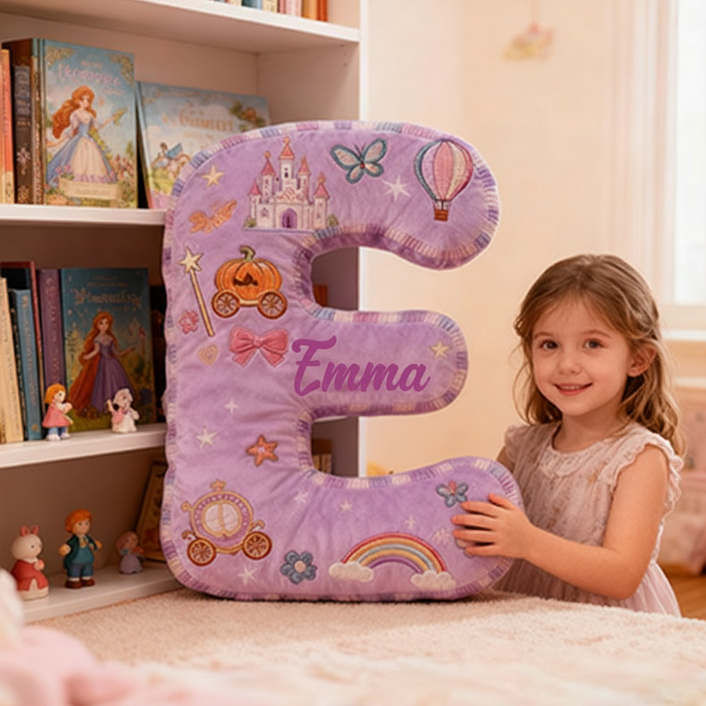 Personalized Princess Letter Christmas Gift Pillow Purple Design and Fairytale Embroidery Graphic 3D Print Pillow for Kids