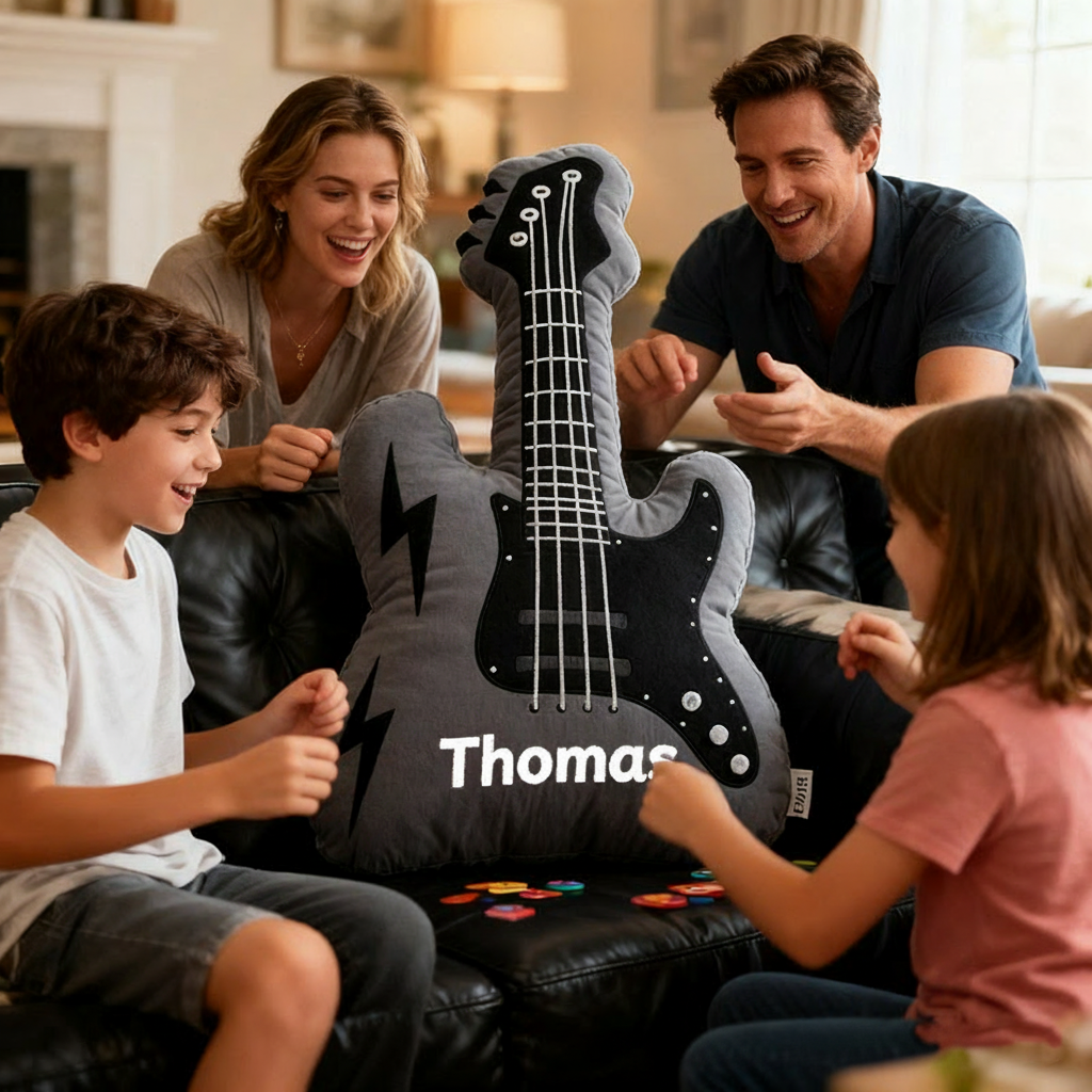 Personalized Graphic 3D Print Electric Guitar Pillow With Your Own Name Soft Stuffed Toy for Rock Music Lovers Unique Decorative Cushion for Boys' Room and Music Room