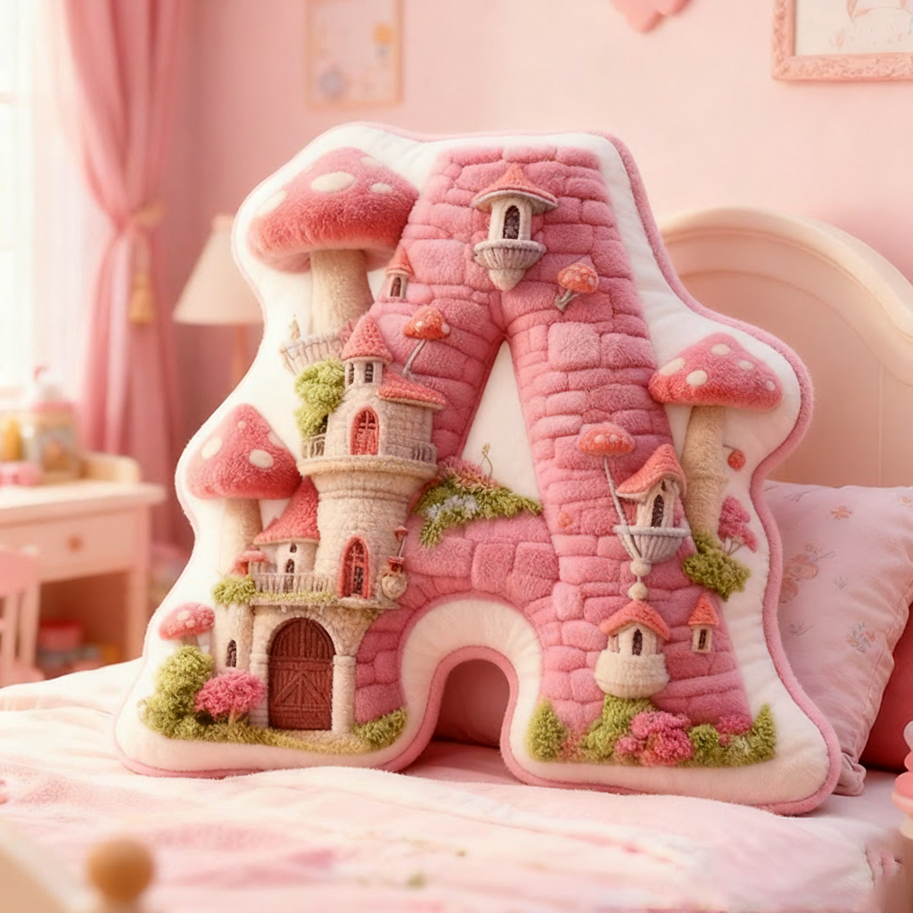 Personalized Letter Pillow with Mushroom House Design Pink Fairy Tale Theme Enchanted Tower and Magical Decorative Touch Graphic 3D Print Pillow