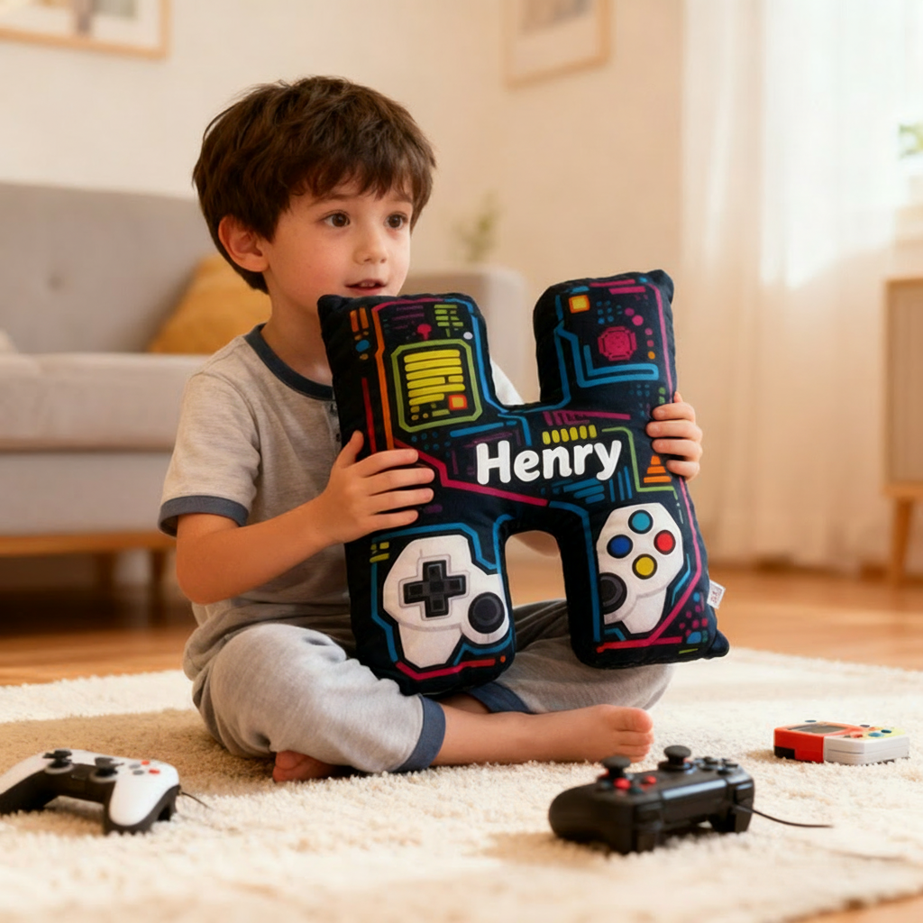 Personalized Graphic 3D Print Game Controller Letter Pillow for Game Lovers Plush Pillow Christmas Birthday Gift for Kids