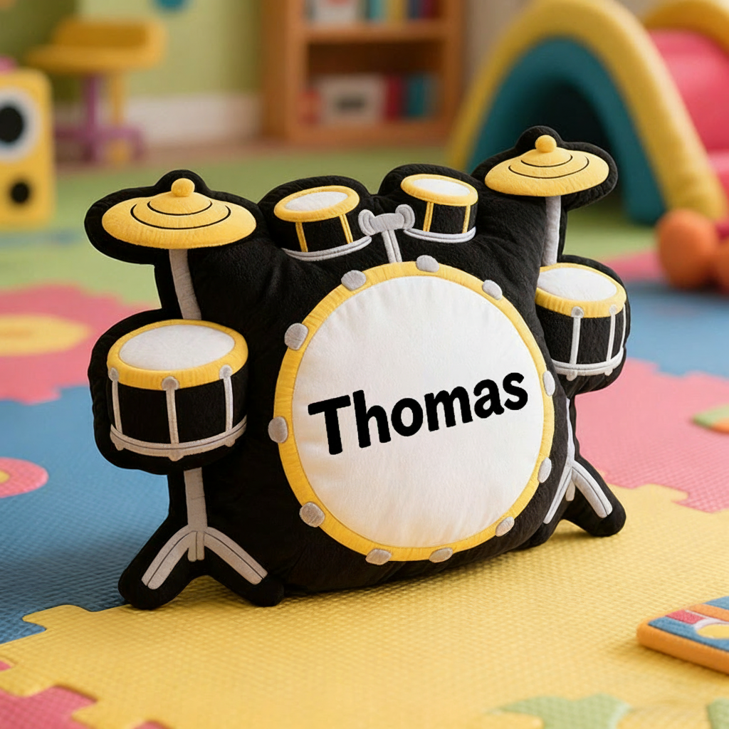 Personalized Graphic 3D Print Drum Set Pillow With Your Own Name Soft Stuffed Toy for Kids Unique Decorative Cushion for Boys' Room and Music Room