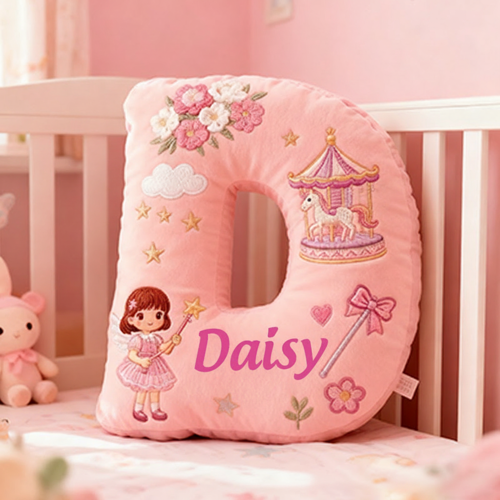 Personalized Pink Letter Christmas Gift Pillow Pink Fairy Tale Design Carousel Magic Wand Flowers and Whimsical Embroidery Graphic 3D Print Pillow