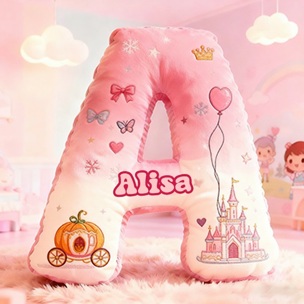 Personalized Letter Christmas Gift Pillow Princess Theme Castle Pumpkin Carriage Crown Balloons and Whimsical Fairy Tale Design Graphic 3D Print Pillow