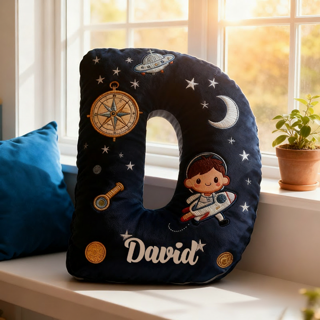 Personalized Space Themed Christmas Gift Pillow with Stars Moon Spaceship Compass Telescope and Astronaut Design Graphic 3D Print Pillow