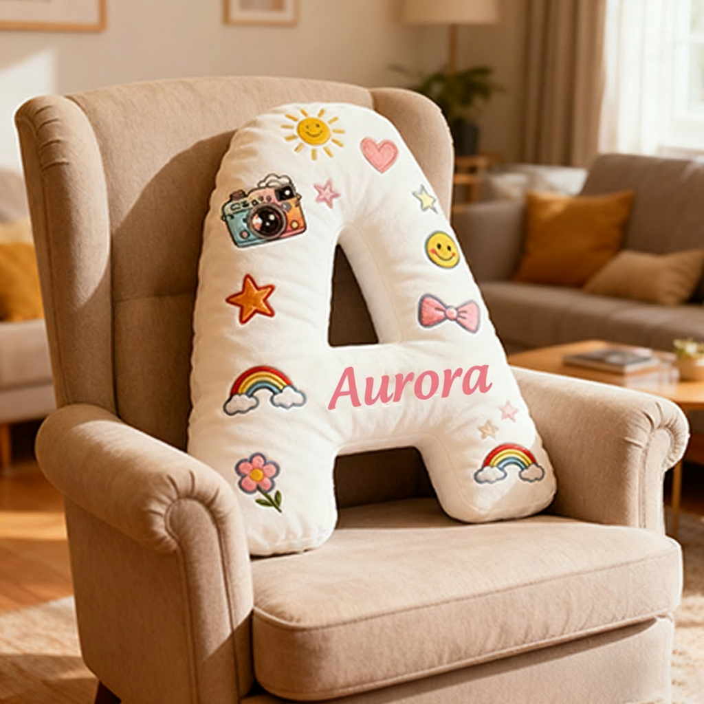 Personalized 26 Letters Shaped Christmas gift Pillow with Cute Camera Bowknots Flowers Smiley Faces Stars and Pastel Design Graphic 3D Print Pillow