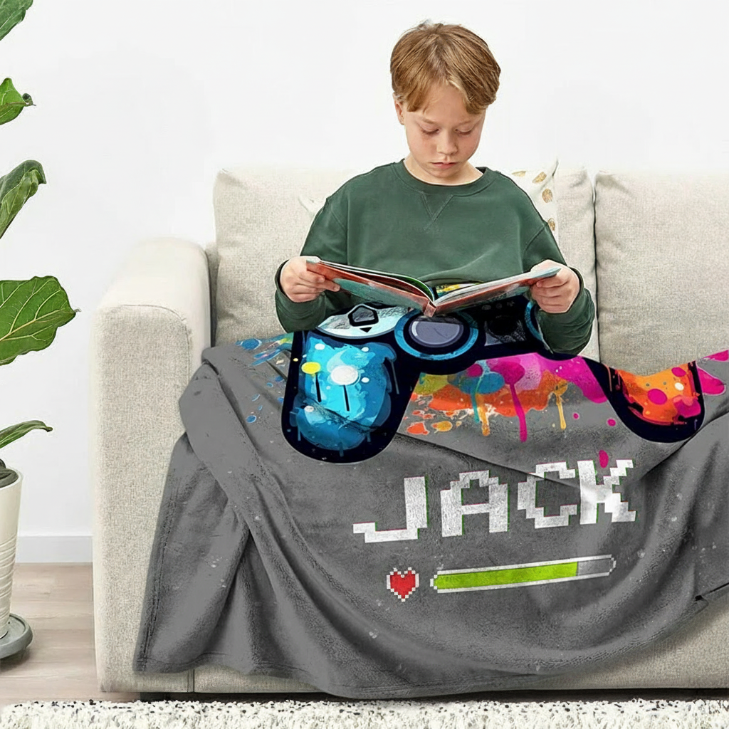 Personalized Color Ink Get Ready Gamepad Blanket Flannel Blanket Gaming Blanket with Name for Game Lovers Gamer