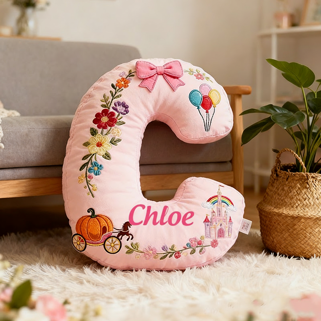 Personalized Pink Letter Christmas Gift Pillow with Castle Pumpkin Carriage Rainbow for a Fairytale Inspired Design Graphic 3D Print Pillow