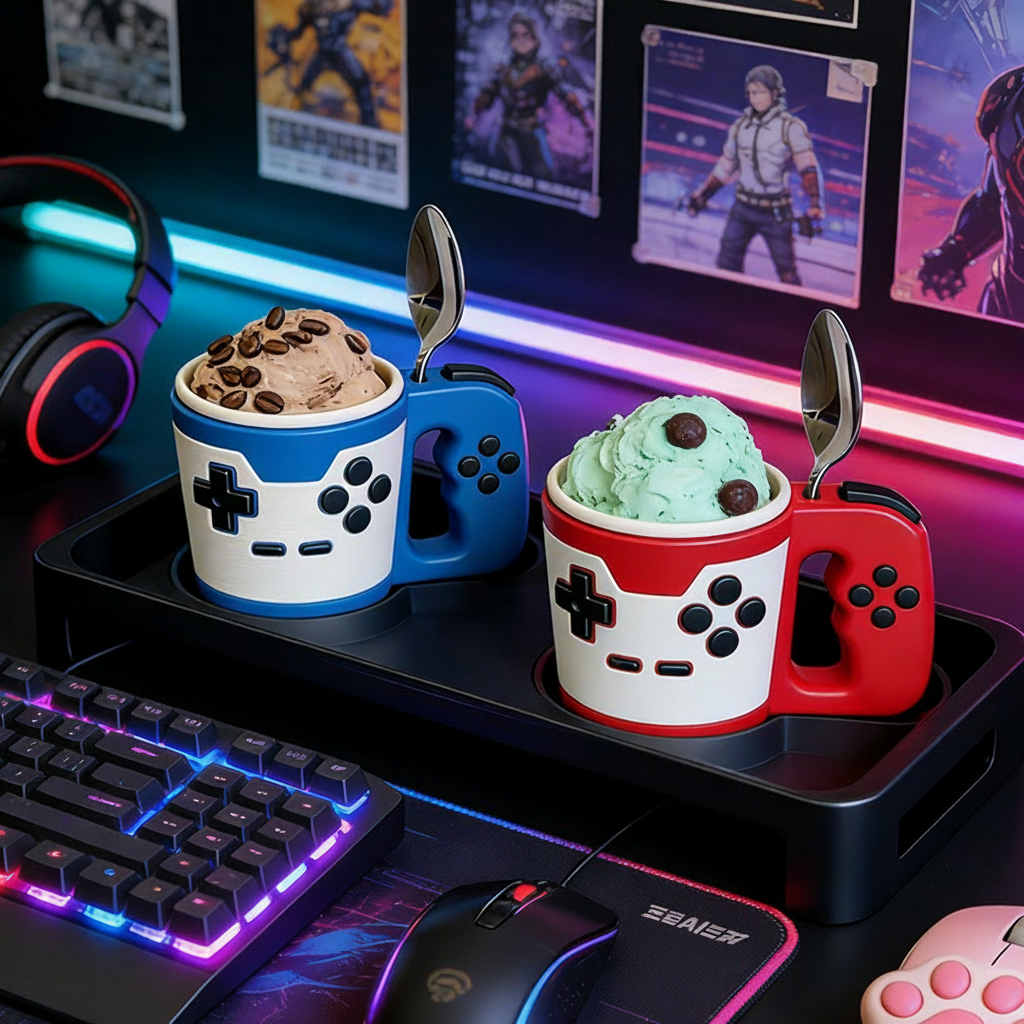 Personalized Couple Vintage Style Controller Gamer Ice Cream Pint Holder with Spoon Slots Eco-Friendly 3D Print for Game Lovers