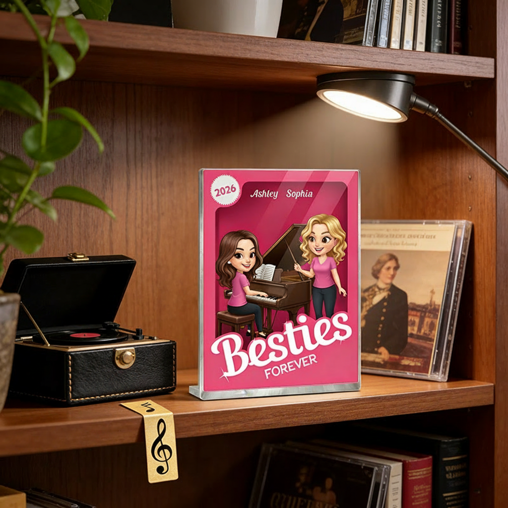 Personalized Besties Forever Pink Action Figure Acrylic Block Plaque Customizable with Photos and Names Meaningful Gift For Best Friend Piano Lovers Music Lovers