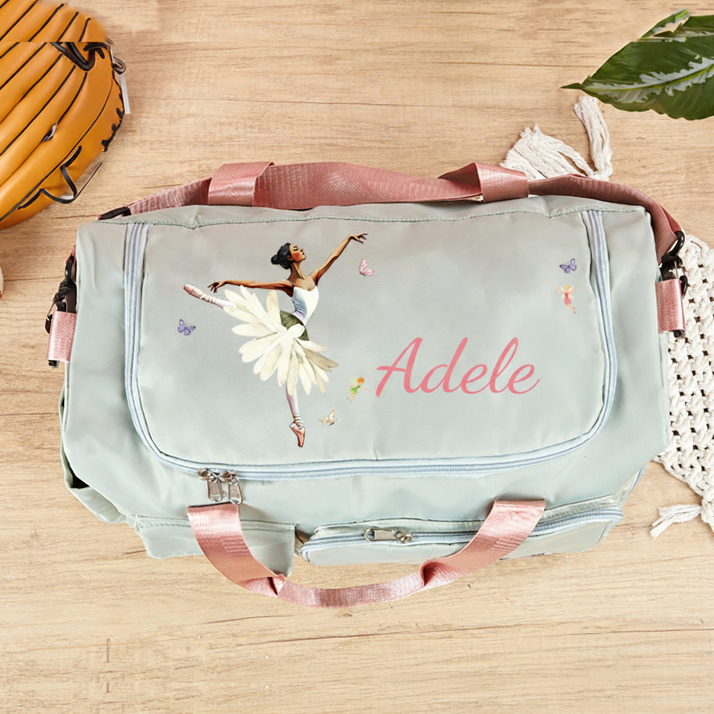 Personalized Ballet Girl Birth Flower Butterfly Waterproof Large Travel Duffle Bag Dance Bag with Shoe Compartment and Shoulder Strap for Dance Lover