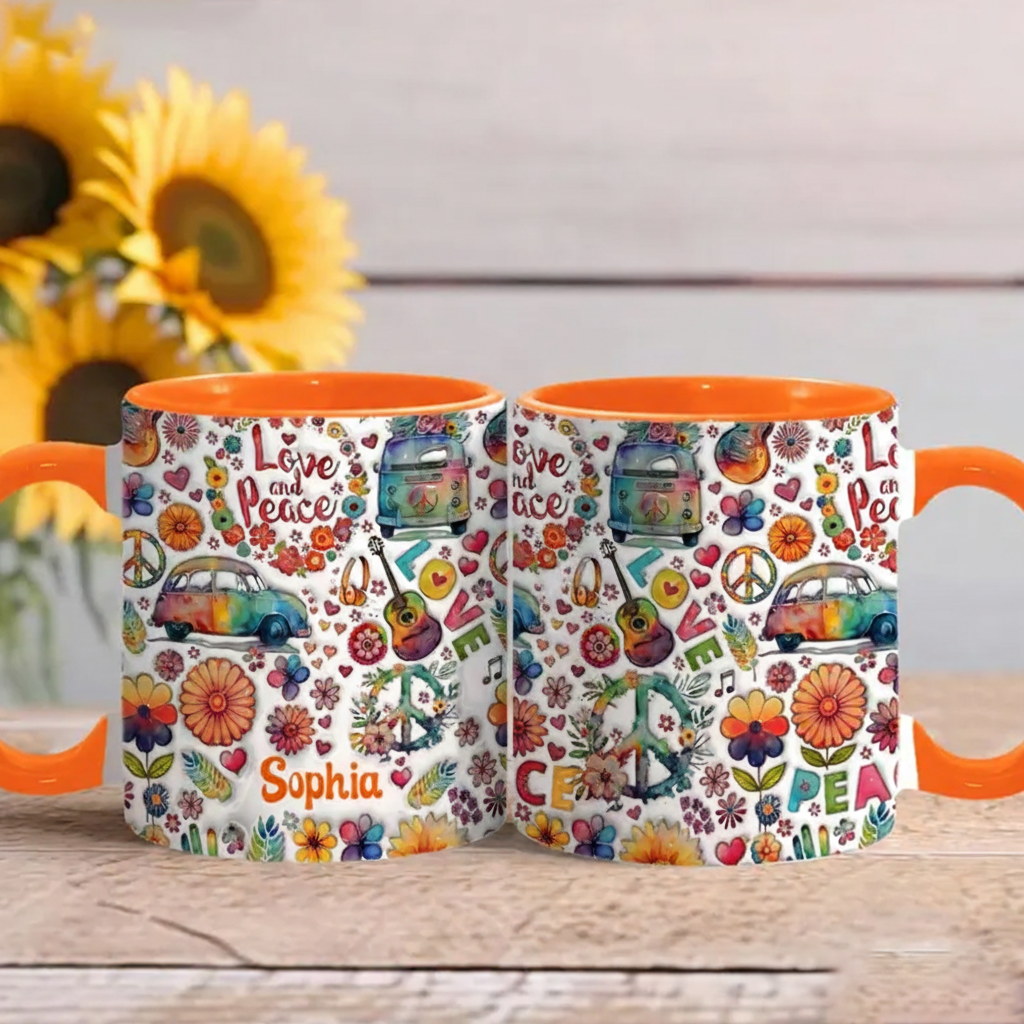 Personalized Hippie Accent Mug Love and Peace Accent Mug Flower Van Guitar Peace Sign Coffee Mug Ceramic Mug Custom Mug