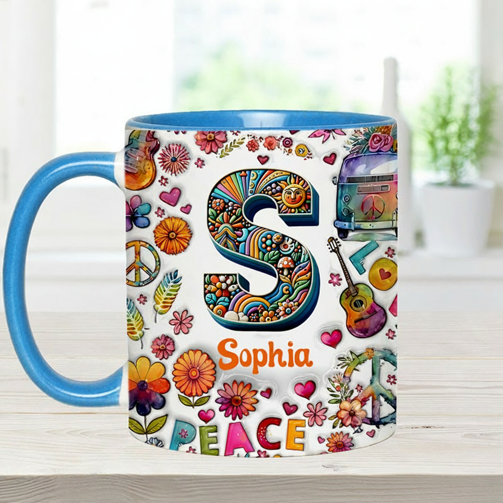 Personalized Hippie Soul Personalized name and Initial Letter mug Hippie Accent Mug for Holiday Decor Family Gifts and Party Favors