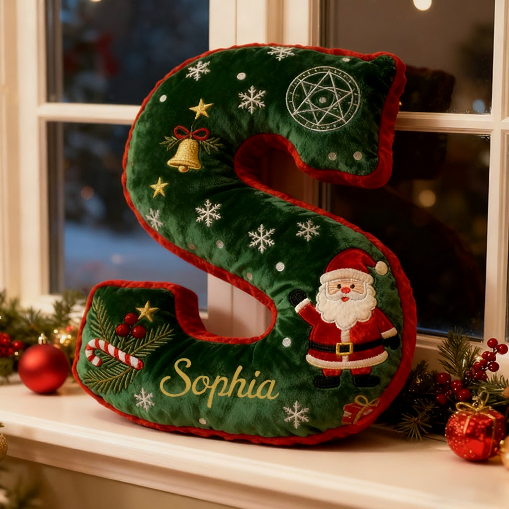Personalized Letter Christmas Pillow with Name Festive Green and Red Design Custom Name Graphic 3D Print Pillow Christmas Gift