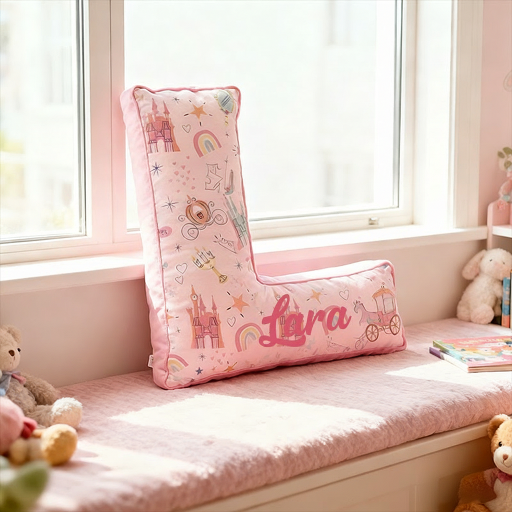 Personalized 26 Letters Christmas Gift Pink Pillow with Castles Rainbows Stars and Whimsical Fairy Tale Design Graphic 3D Print Pillow for Kids