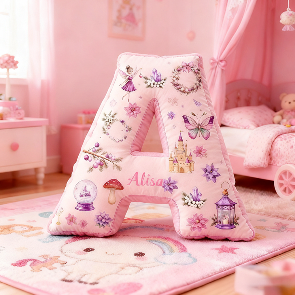 Personalized 26 Letters Pillow with Castles Butterflies Flowers Snow Globes Lanterns and Whimsical Pastel Fairy Tale Design Graphic 3D Print Pillow