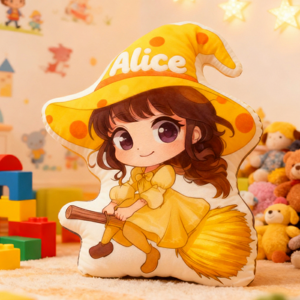 Personalized Graphic 3D Print Magic Witch Pillow with Your Name Soft Stuffed Toy for Kids Unique Decorative Cushion for Girls' Room