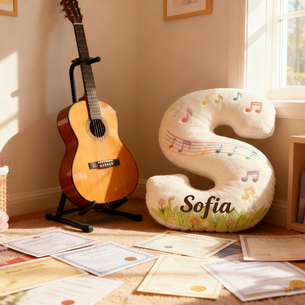 Personalized Graphic 3D Print Music Garden Pillow with Your Own Name Soft Stuffed Toy for Kids Music Lovers Unique Decorative Cushion for Girls' Room and Music Room