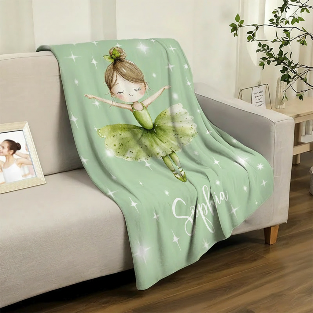 Personalized Cartoon Ballerina Girl Blanket Flannel Blanket Ballet Lover Blanket with Name for Dance Lovers Dancer