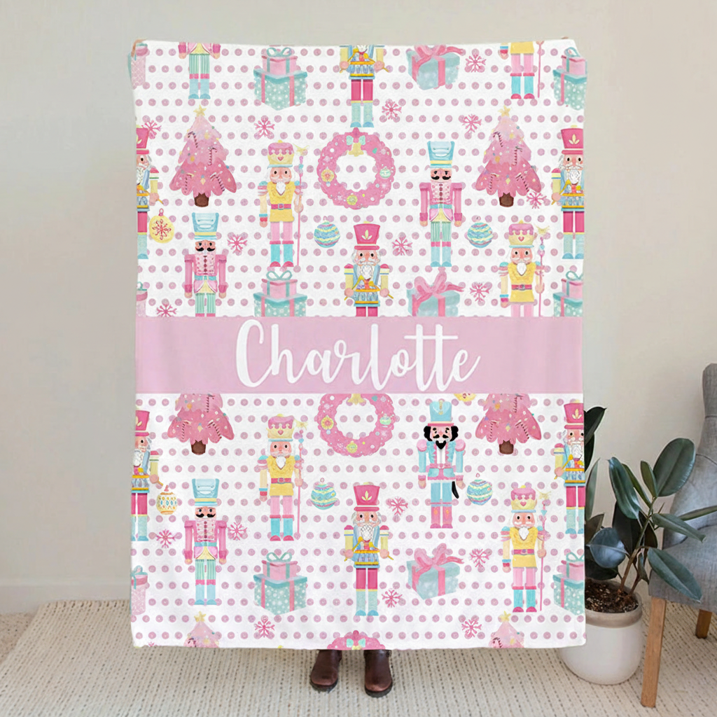 Personalized Cute Christmas Nutcracker Soft Throw Blanket with Name Home Decor Birthday Christmas Gift for Kid Girl