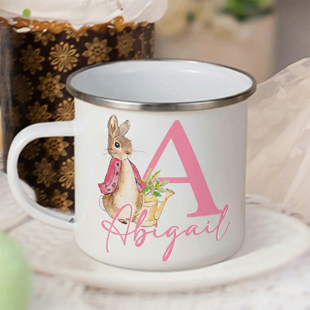 Personalized Cute Rabbit Bunny Enamel Mug with Initial and Name Back to School Birthday Easter Gift for Kids