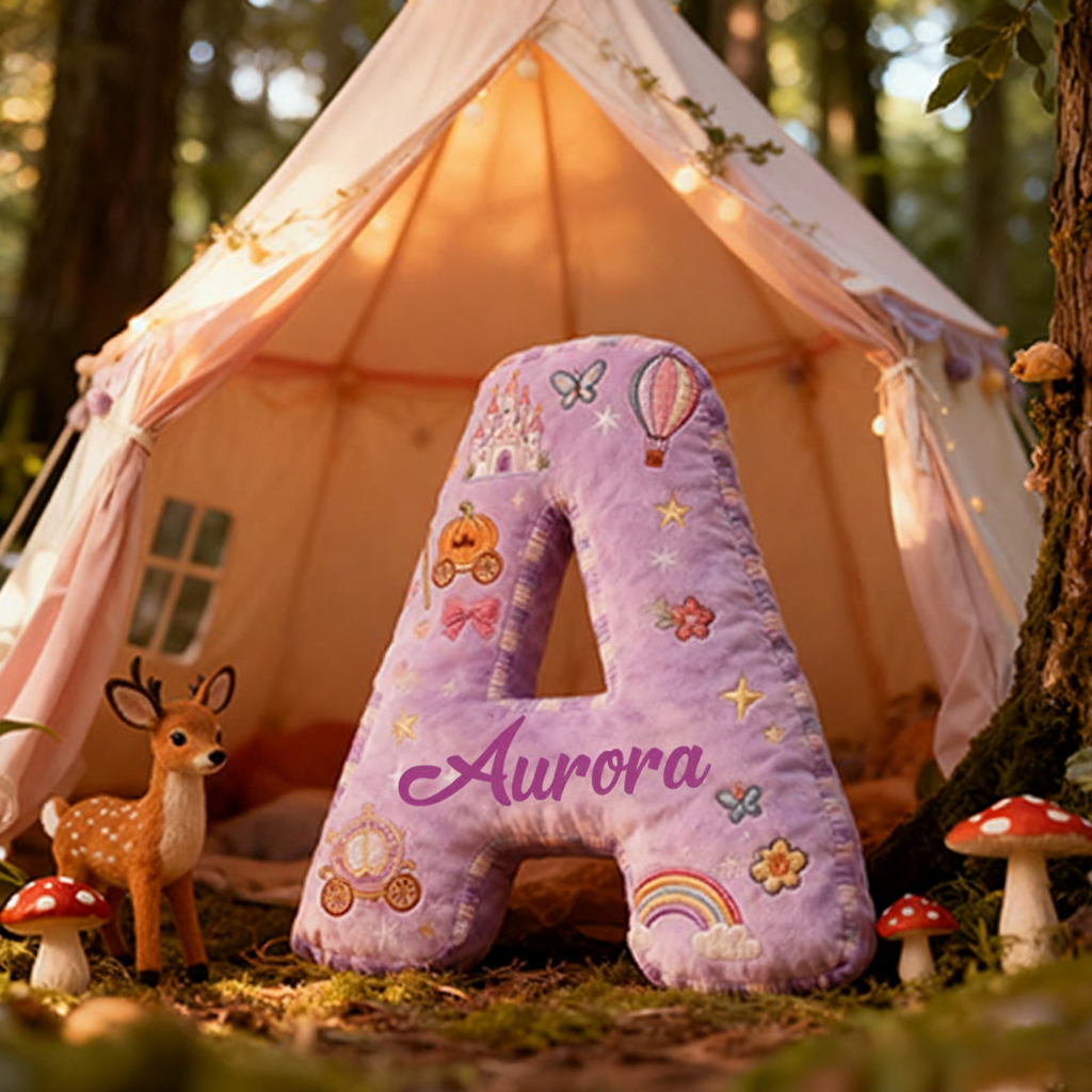 Personalized Princess Letter Christmas Gift Pillow Purple Design and Fairytale Embroidery Graphic 3D Print Pillow for Kids