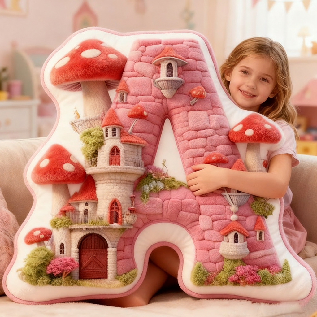 Personalized Letter Pillow with Mushroom House Design Pink Fairy Tale Theme Enchanted Tower and Magical Decorative Touch Graphic 3D Print Pillow