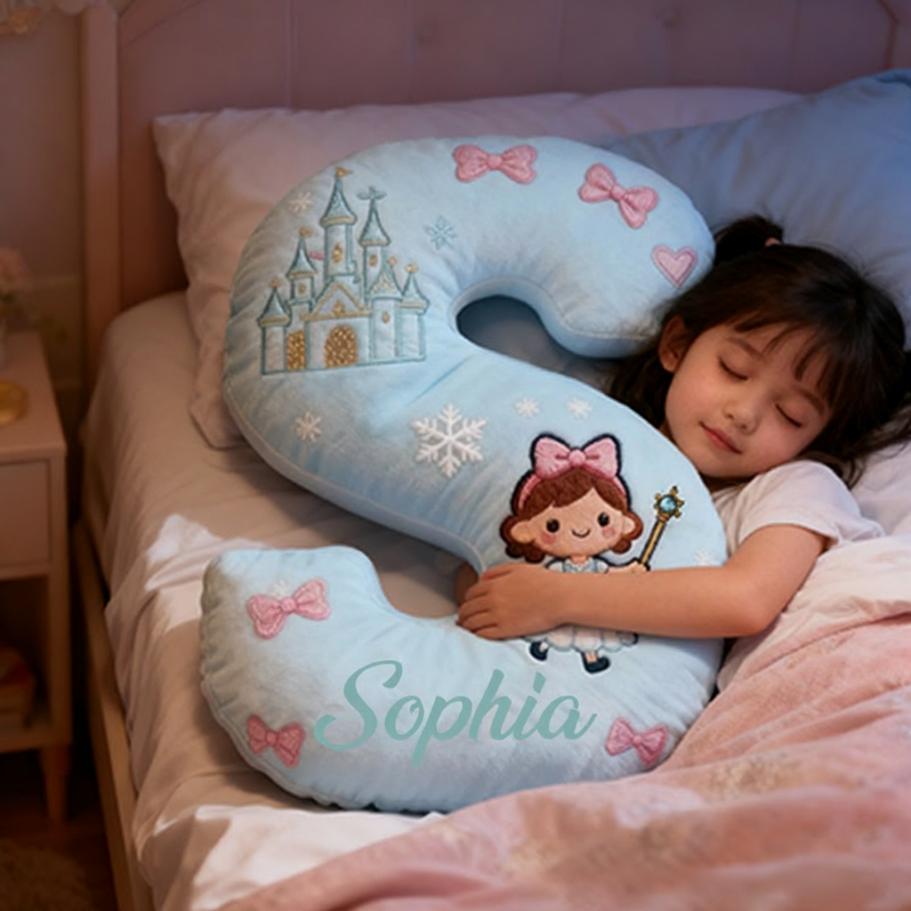 Personalized Light Blue Letter Christmas Gift Pillow with Castle Bow Accents and Fairy Princess Design for a Magical and Whimsical Touch 3D Print Pillow