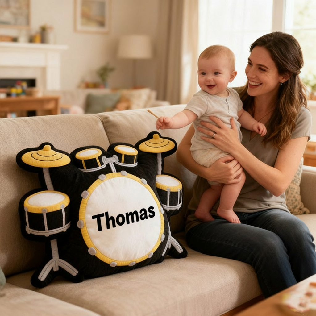 Personalized Graphic 3D Print Drum Set Pillow With Your Own Name Soft Stuffed Toy for Kids Unique Decorative Cushion for Boys' Room and Music Room