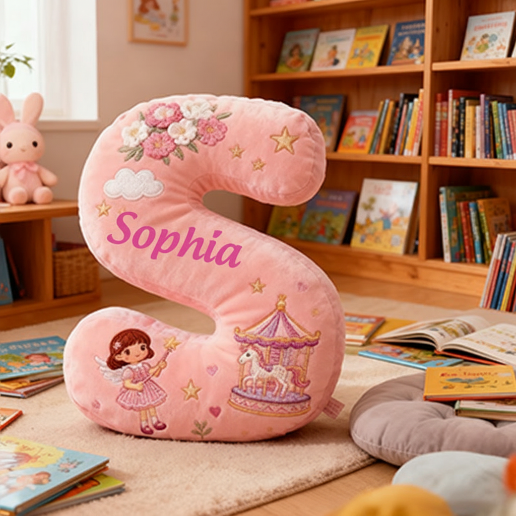 Personalized Pink Letter Christmas Gift Pillow Pink Fairy Tale Design Carousel Magic Wand Flowers and Whimsical Embroidery Graphic 3D Print Pillow