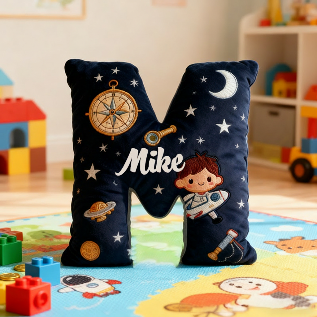Personalized Space Themed Christmas Gift Pillow with Stars Moon Spaceship Compass Telescope and Astronaut Design Graphic 3D Print Pillow