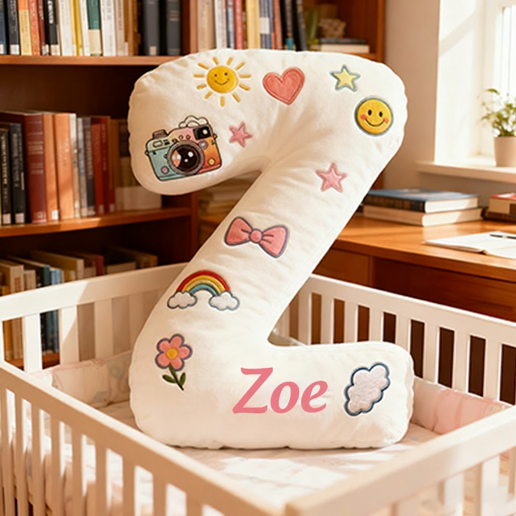 Personalized 26 Letters Shaped Christmas gift Pillow with Cute Camera Bowknots Flowers Smiley Faces Stars and Pastel Design Graphic 3D Print Pillow