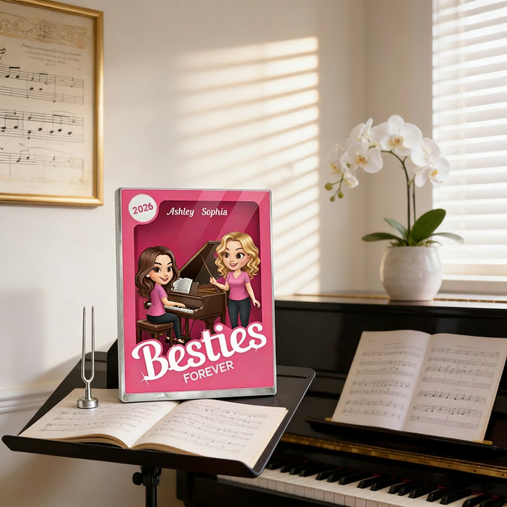 Personalized Besties Forever Pink Action Figure Acrylic Block Plaque Customizable with Photos and Names Meaningful Gift For Best Friend Piano Lovers Music Lovers