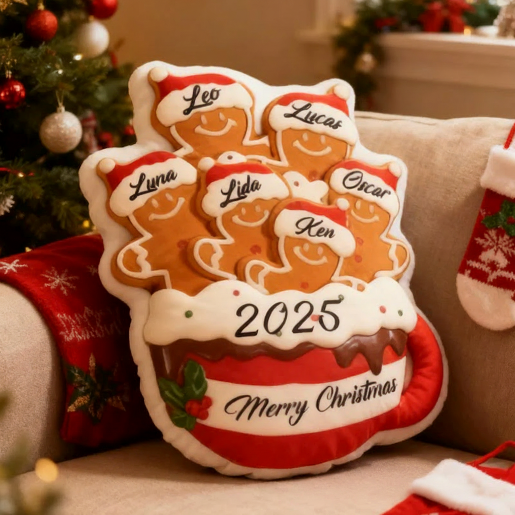 Personalized Gingerbread Family Pillow Custom Name Xmas Cushion Holiday Decor Gift Gingerbread Mug Pillow Merry Christmas 2025