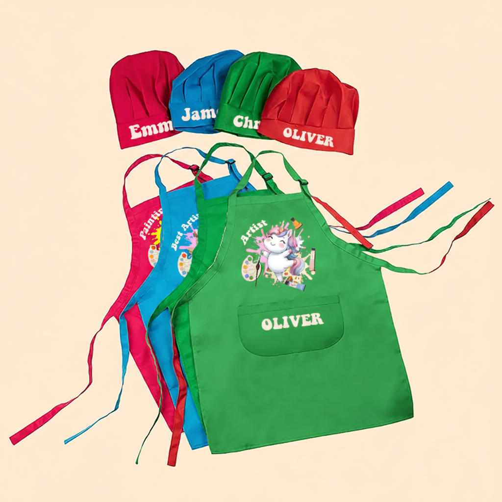 Personalized Cute Animal Kids Art Apron Fantasy Horse Kid Apron Chef Hat Set with Name Cooking Handcraft Activities Birthday Holiday Gift for Kids