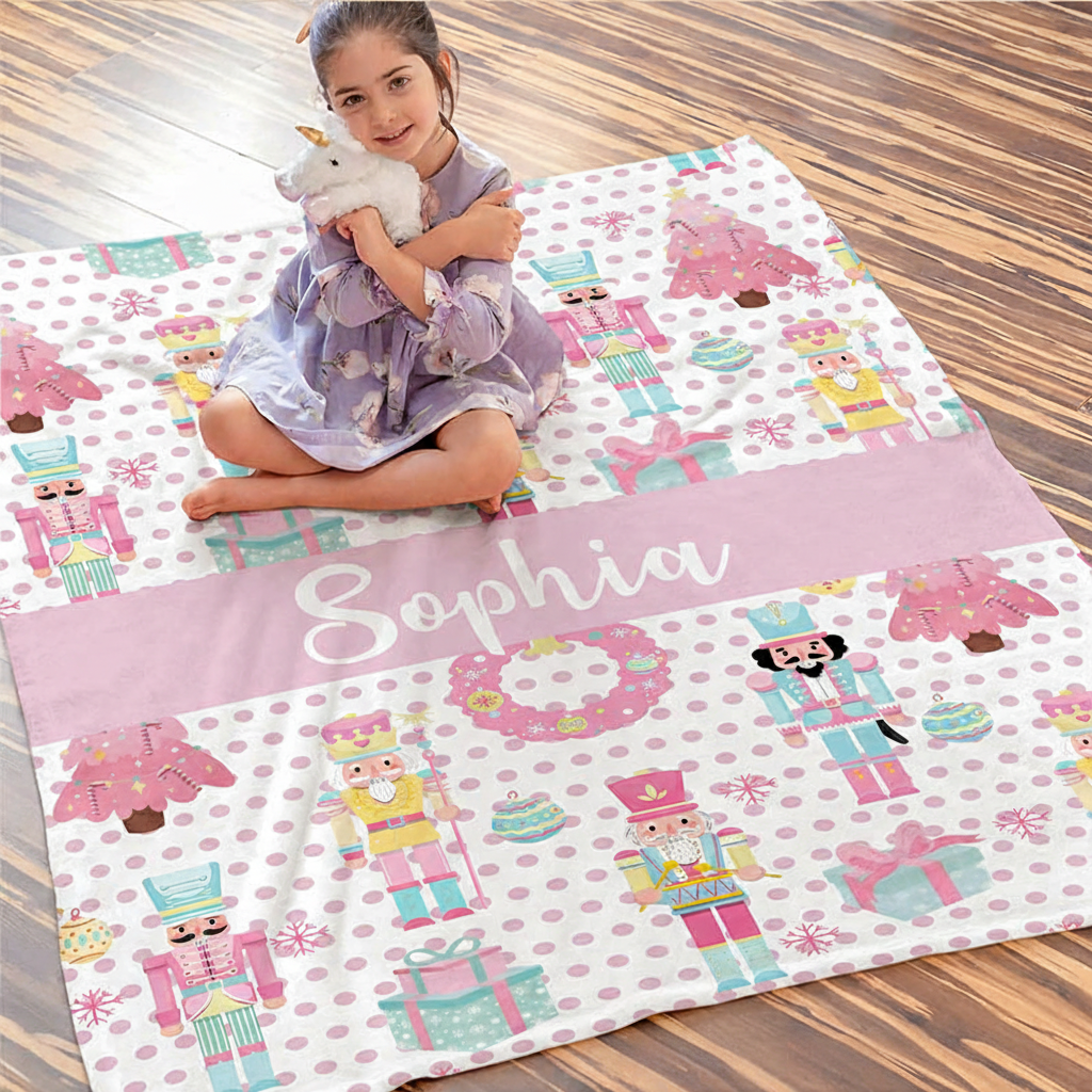 Personalized Cute Christmas Nutcracker Soft Throw Blanket with Name Home Decor Birthday Christmas Gift for Kid Girl