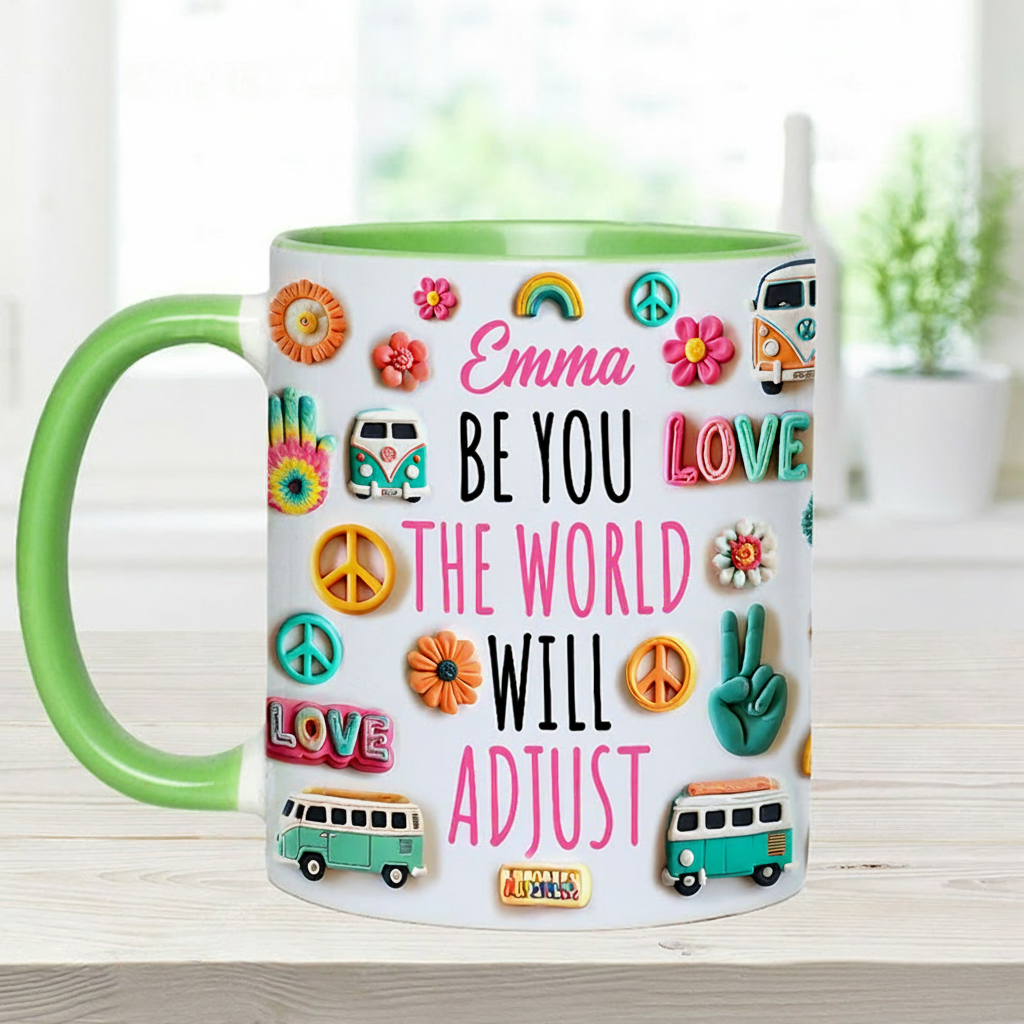 Personalized Name Hippie Accent Mug Be You the World Adjust Gift Hippie Lover Gifts Colorful Hippie Coffee Mug Bohemian Coffee Mug