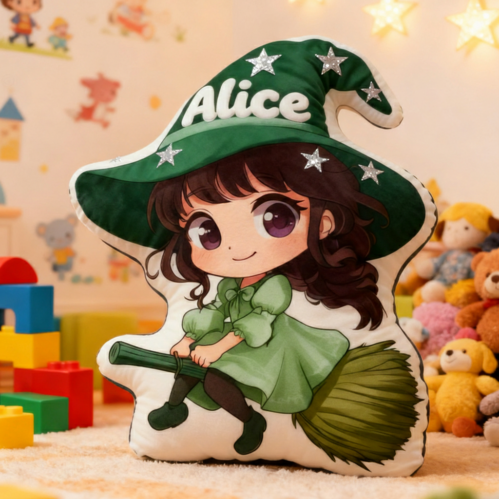Personalized Graphic 3D Print Magic Witch Pillow with Your Name Soft Stuffed Toy for Kids Unique Decorative Cushion for Girls' Room