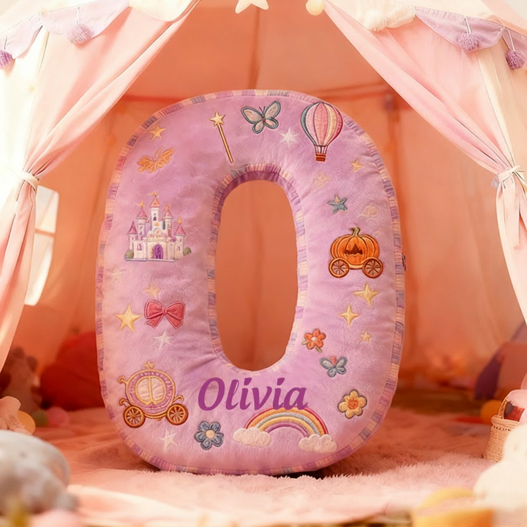 Personalized Princess Letter Christmas Gift Pillow Purple Design and Fairytale Embroidery Graphic 3D Print Pillow for Kids