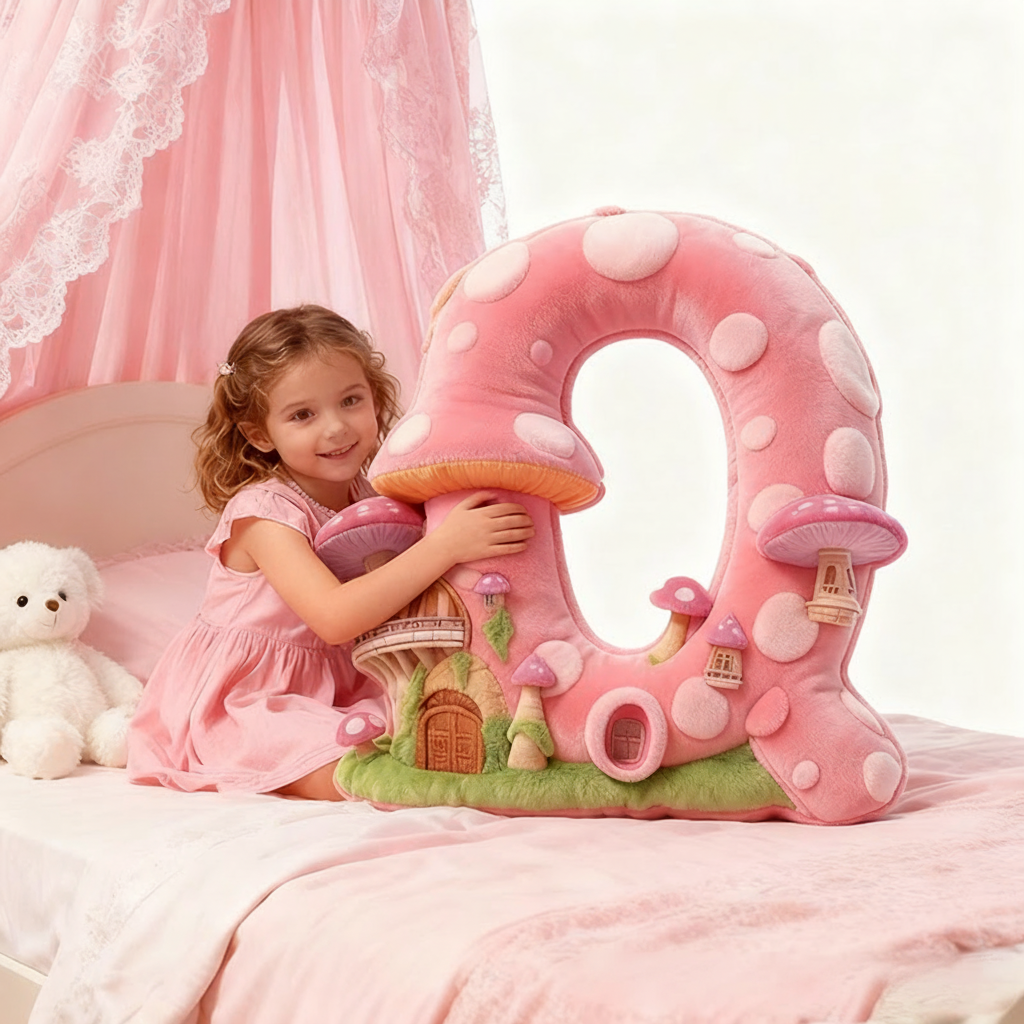 Personalized Letter Pillow with Mushroom House Design Pink Fairy Tale Theme Enchanted Tower and Magical Decorative Touch Graphic 3D Print Pillow